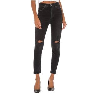 AGOLDE Nico High Rise Slim Fit Button Fly Distressed in Cassette Black, Size 25